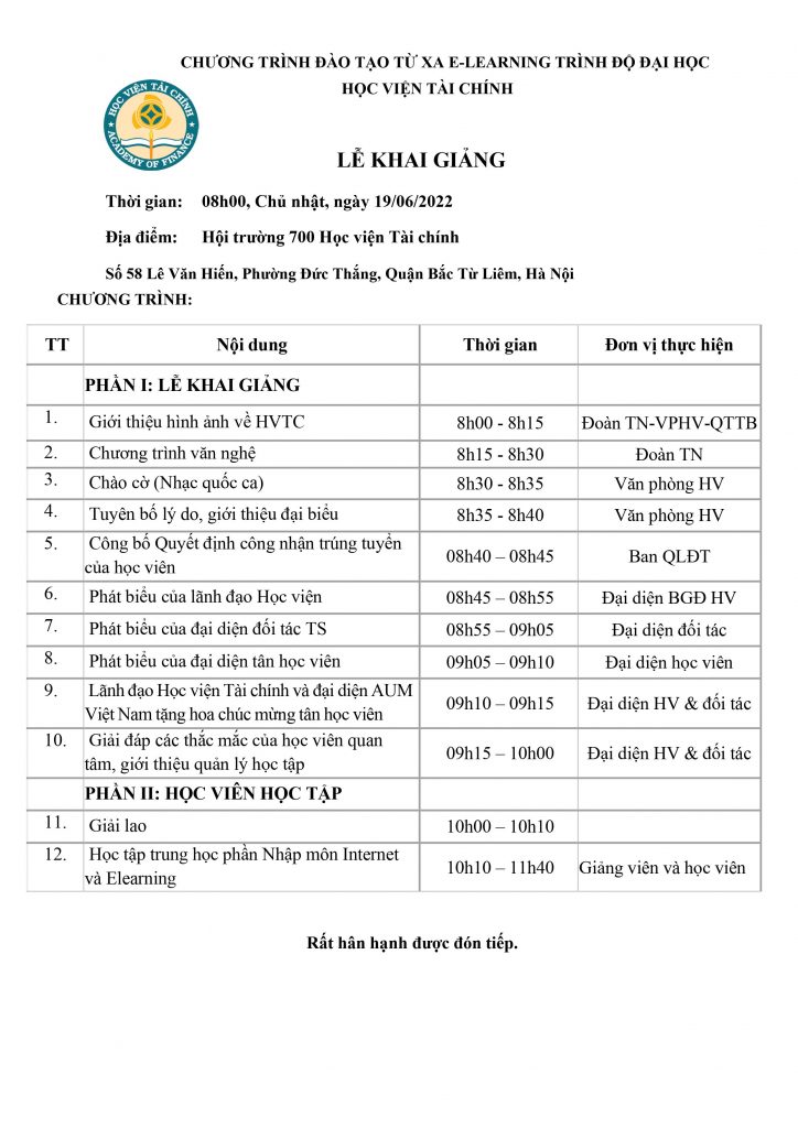 lịch khai giảng